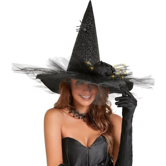 Women's Halloween Witch Hat with LED Lights Costume Gauze Feather Spider - Picture 1 of 7
